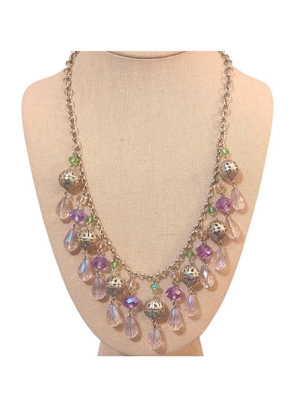 Lavender/Green Glass Crystal Bauble Silver Tone Filigree Ball Necklace